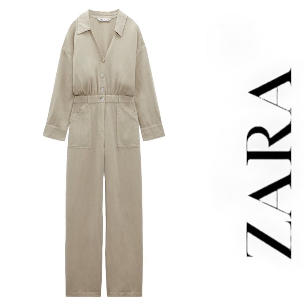 Zara Sand Linen Blend Long Jumpsuit Size M NWT Button Front Wide Leg Romper - Picture 2 of 6